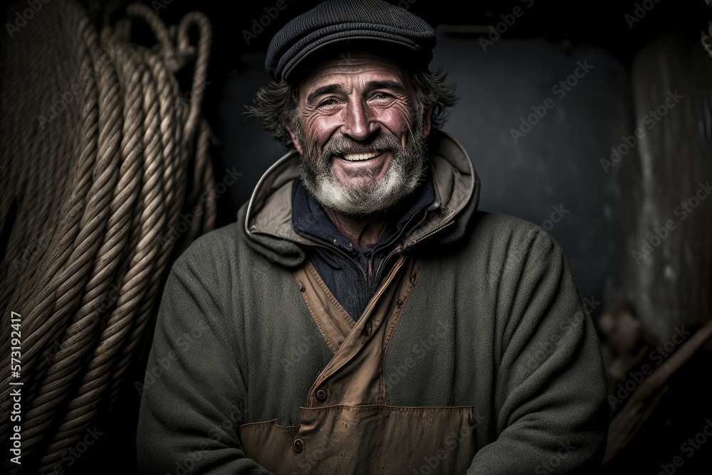 Artistic portrait of a humble smiling bearded fisherman from Iceland. Person created by AI generative.