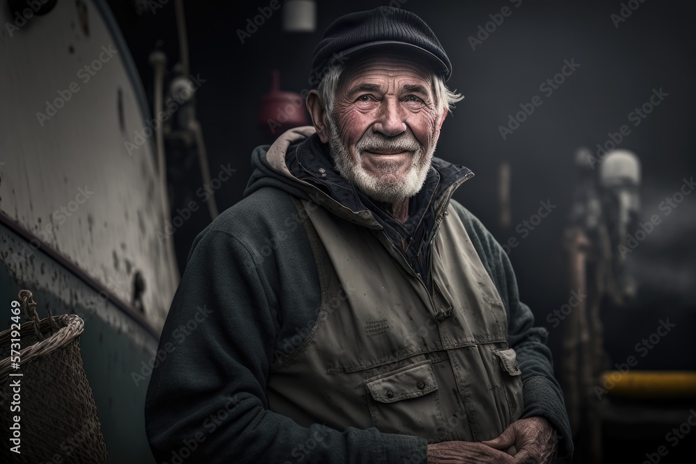 Artistic portrait of a humble smiling bearded fisherman from Iceland. Person created by AI generative. Artistic portrait of a humble smiling bearded fisherman from Iceland. Person created by AI generative.