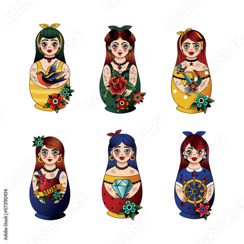 Old school tattooed girl. Russian lady. Vintage pin up toy. Retro flower doll. Matryoshka with swallow. Sexy folk woman. Cute roses. Sailor anchor and heart. Vector illustration images set