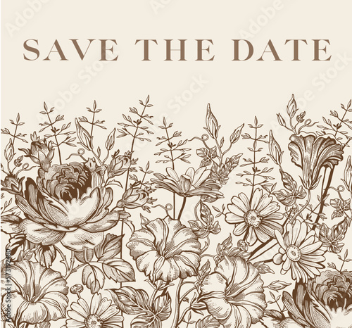 Save the date. Wedding invitation baroque Frame. Chamomile Roses Petunia isolated Beautiful blooming realistic flowers. Vintage greeting card Drawing engraving. Wallpaper Vector victorian Illustration
