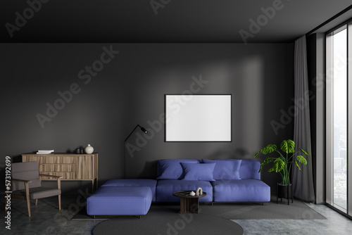 Front view on dark living room interior with empty poster