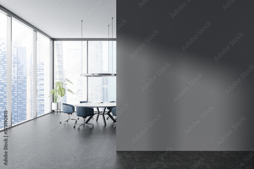 Grey living room interior with table and panoramic window. Mockup wall
