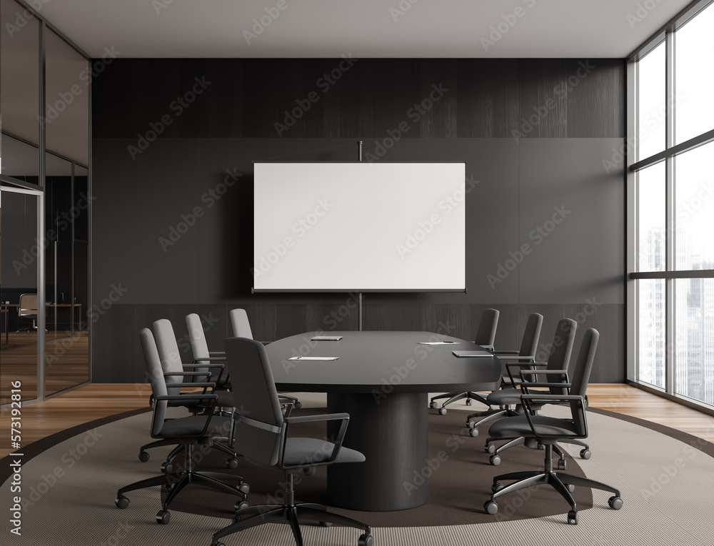 Stylish meeting interior with board and mockup blank project screen Stylish meeting interior with board and mockup blank project screen