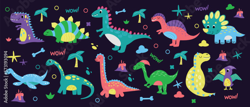 Cute dinosaur animals, doodle nursery decorative elements. Children kindergarten print, Nordic style zoo, velociraptor and funny T-rex adventures. Vector recent cartoon illustration clipart
