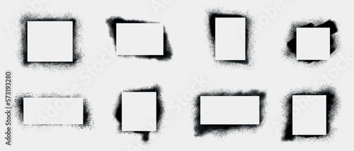 Paint spray stencil. Frame box. Graffiti border for text. Grunge ink splash texture. Rough geometric stains. Black brush aerosol can. Square shapes set. Vector recent shape background