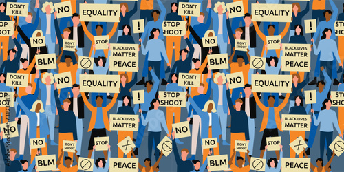 American black lives matter demonstration poster. Community for equal or justice, civil social protest. Protester cartoon people holding placard, protest vector seamless garish pattern