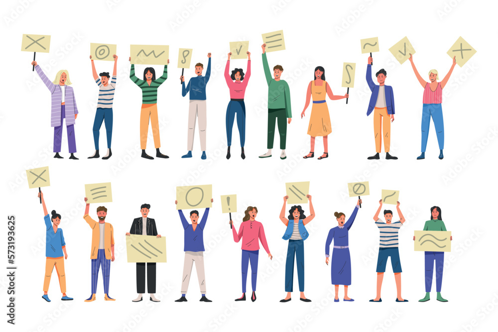 Obraz premium Protester people, crowd with banners. Male and female persons holding blank placard posters, protest groups, modern political characters. Vector garish cartoon flat isolated illustration set