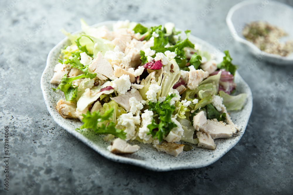 Green salad with chicken and Feta cheese Green salad with chicken and Feta cheese