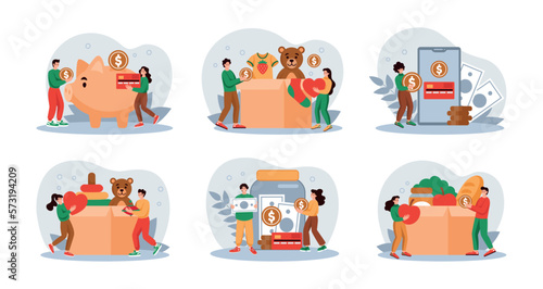 Charity gifts. People donate online. Invest money in crowdfunding. Finance savings. Food and clothing sharing. Philanthropy and volunteering concepts set. Vector illustration collection