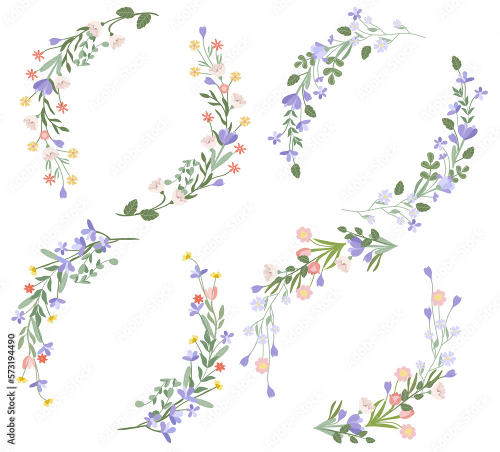 A collection of blooming wreaths in pastel colors. Spring - summer flowering. Bright wreaths are ideal for banners, posters, birthdays, weddings, etc. Vector graphics. A collection of blooming wreaths in pastel colors. Spring - summer flowering. Bright wreaths are ideal for banners, posters, birthdays, weddings, etc. Vector graphics.