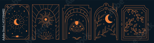 Esoteric flower arch, celestial frame. Magic mystic moth, boho floral gate, sun, moon and stars in mystical vintage style. Minimal emblem or feminine logo, vector design recent illustration photo