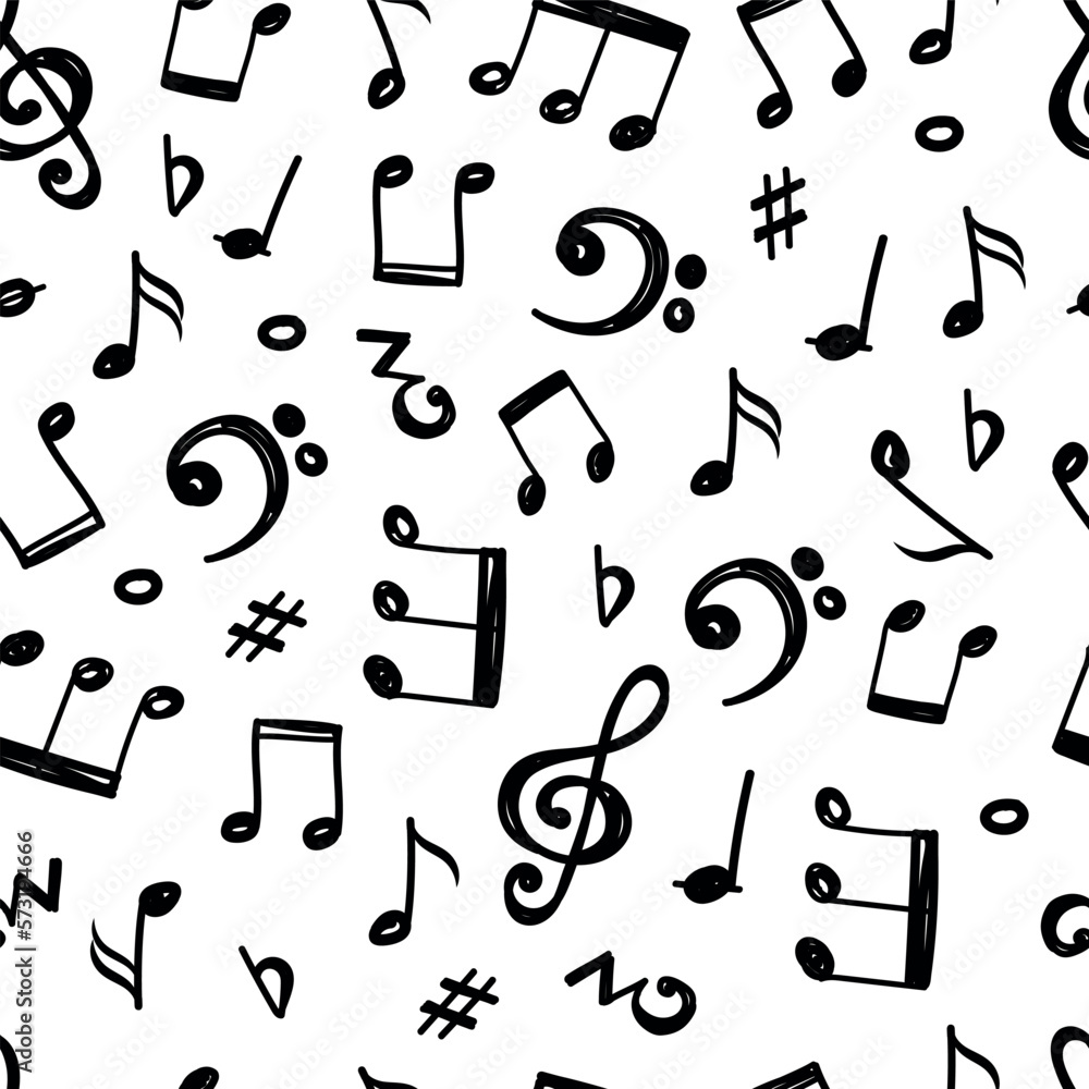 Music doodle pattern, song notes black silhouette isolated on white background. Hand drawn line sketch, childish sound icon, wrapping paper. Decor textile vector seamless current texture Music doodle pattern, song notes black silhouette isolated on white background. Hand drawn line sketch, childish sound icon, wrapping paper. Decor textile vector seamless current texture