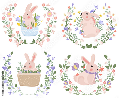Collection of blooming wreaths and cute rabbit inside. Spring-summer flowering. Bright compositions for your design. Vector graphics.