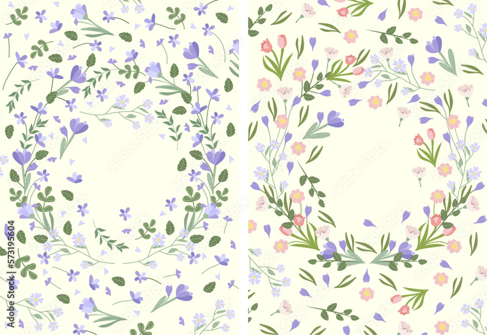 Bright card with blooming flowers, daisies, crocus, lavender, green leaves, hearts in a circle. Spring-summer flowering. Bright compositions are ideal for banners, posters, birthdays, weddings, etc. 