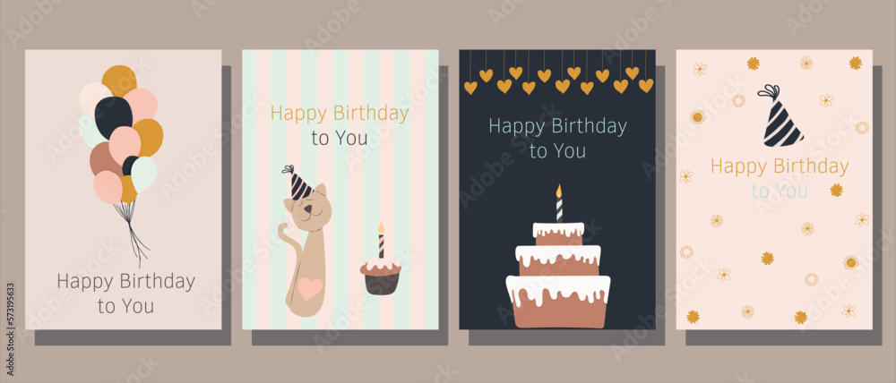 Birthday cards. Cute postcards with gifts, cakes, candles and festive decor. Delicate pink and gold colors