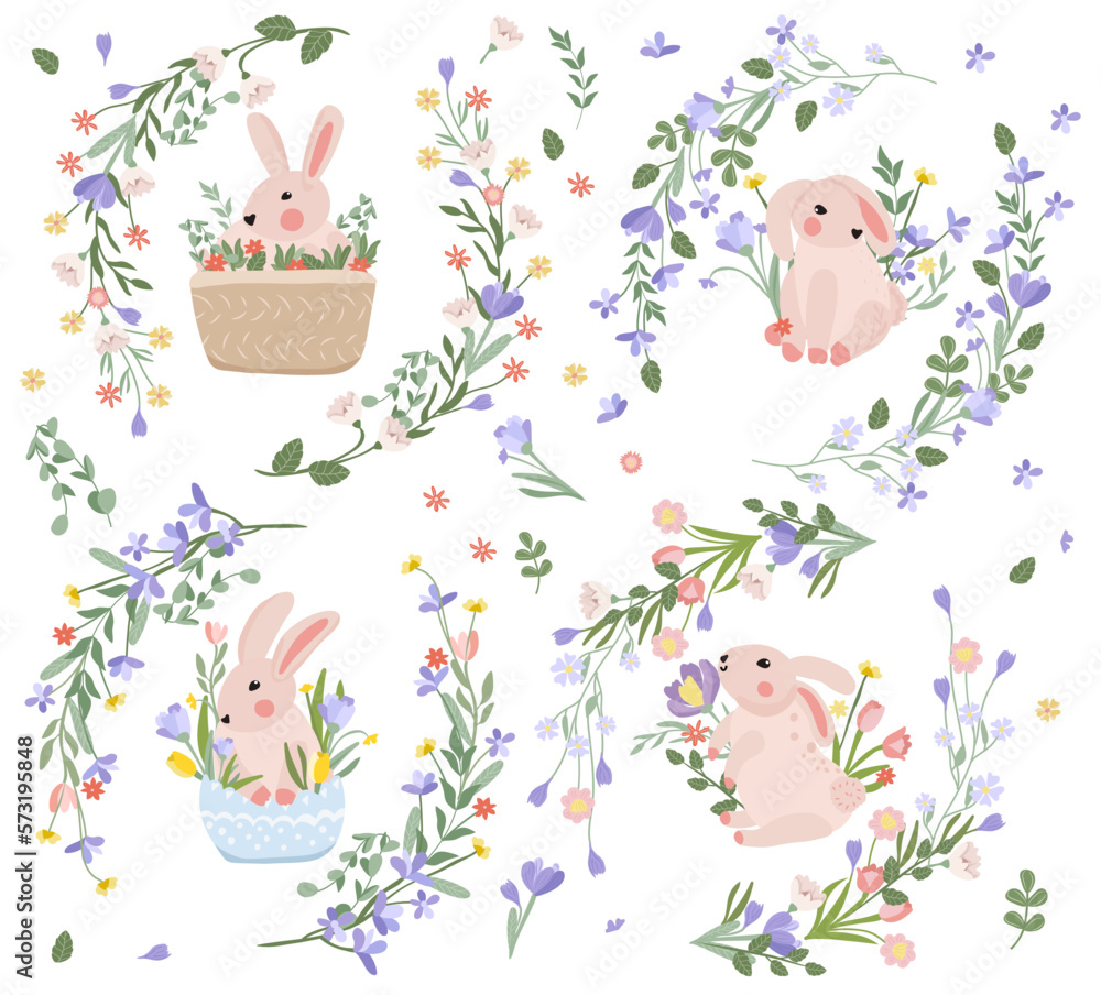 Bright compositions with a cute rabbit, a wreath of flowers, leaves, hearts. Spring-summer flowering. Flowers of chamomile, lavender, crocuses, tulips. Vector graphics. Bright compositions with a cute rabbit, a wreath of flowers, leaves, hearts. Spring-summer flowering. Flowers of chamomile, lavender, crocuses, tulips. Vector graphics.