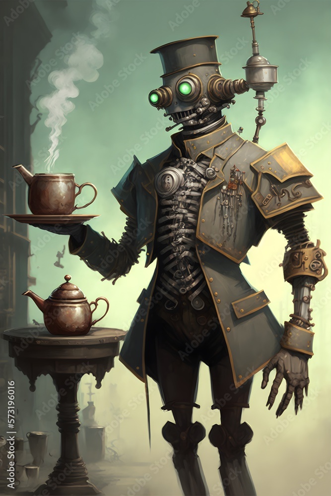 steampunk style robot butler done in the style of impressionist concept