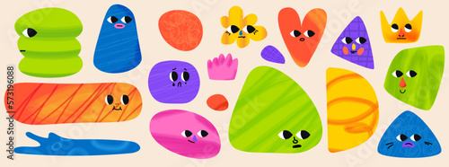Trendy geometric shapes with faces. Soft gradients and textures. Triangle and heart and crown shapes. Pastel pencil and marker texture. Vector collection of pack elements