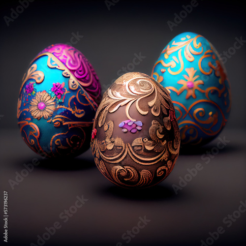 easter eggs with patterns on black background, Generative Ai