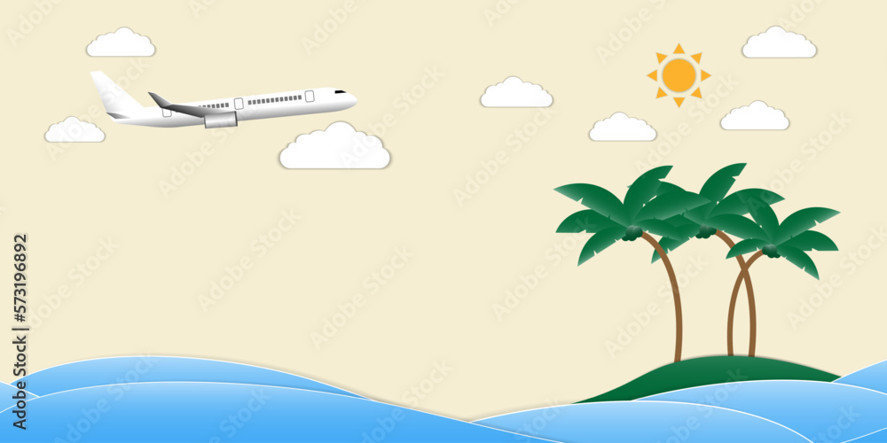 White airplane  taking off in the air  with cloud on yellow background with coconut trees on island , vector illustration ,Booking online Business travel holiday summer Concept