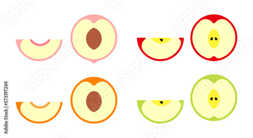 A set of fresh fruit cross section slices illustration graphic with lots of vitamins. Peach  apple.