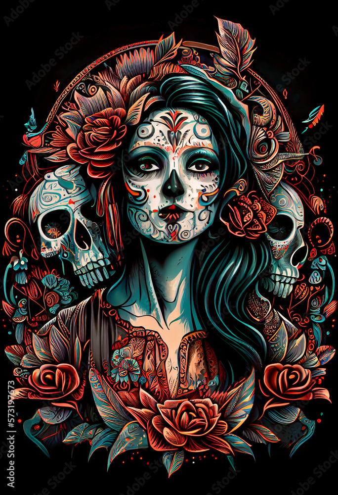 Generative AI abstract render of a Dia de los muertos themed illustration Generative AI abstract render of a Dia de los muertos themed illustration
