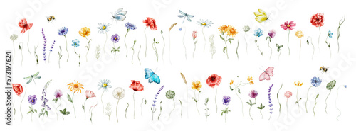 Watercolor floral illustration set – Wildflowers: summer flower, blossom, poppies, chamomile, dandelions, cornflowers, lavender, violet, bluebell, clover, buttercup, butterfly.