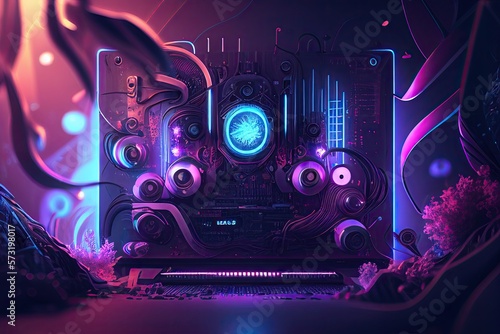 Technology Background Blue Glow Light, Abstract Digital Graphic Design Wallpaper. CPU or GPU Motherboard Chip Generative AI