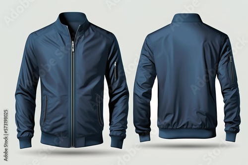 Blue jacket for men, blank template for graphic design front and back view photo