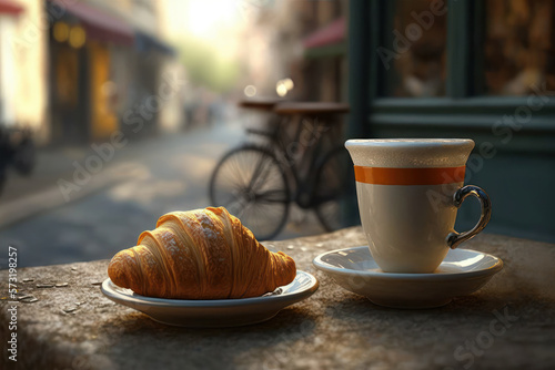  A cup of coffee and a croissant at a sidewalk cafe (Generative AI) photo