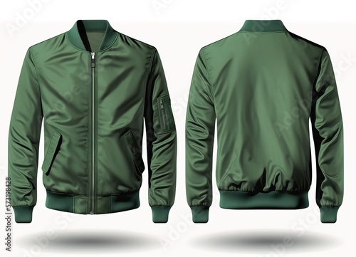 Green jacket for men, blank template for graphic design front and back view photo