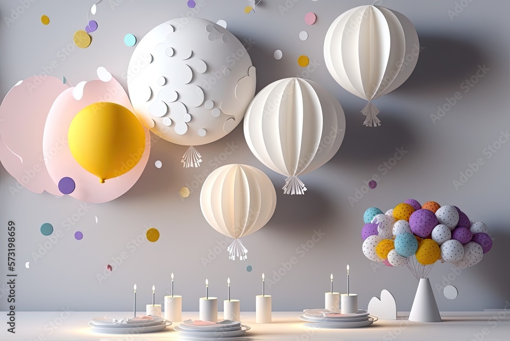 Obraz premium Composition of balloons and other decorations as a background for a photo shoot at a children's birthday party. AI generative