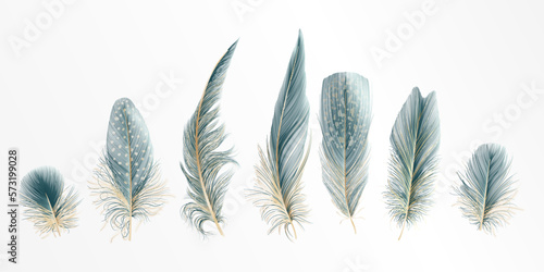 Set feathers the color of a sea wave with golden. Vector illustration.