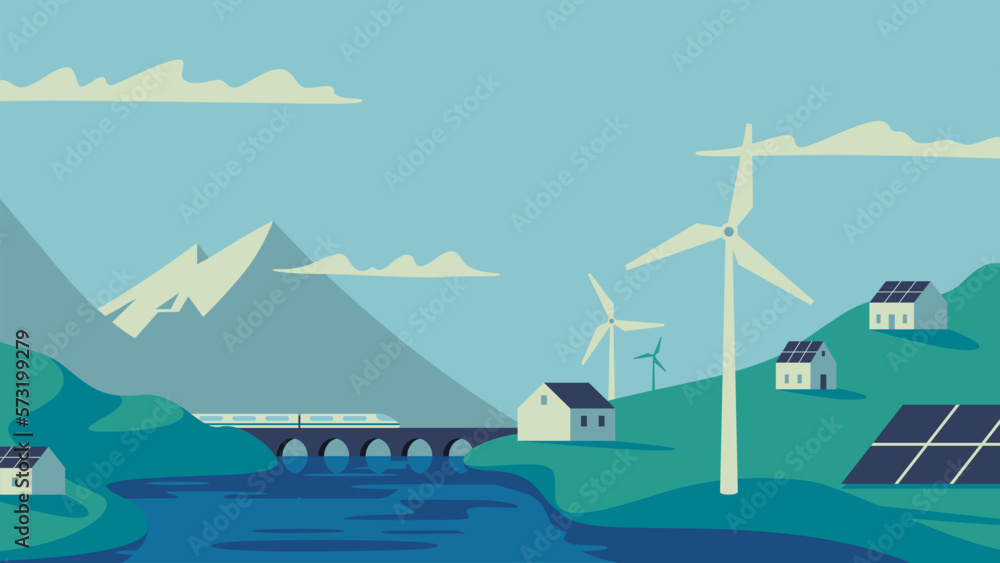 Renewable energy power concept. Environment friendly industry. Wind electricity generators, solar panels and electric train in nature landscape. Flat vector illustration EPS10