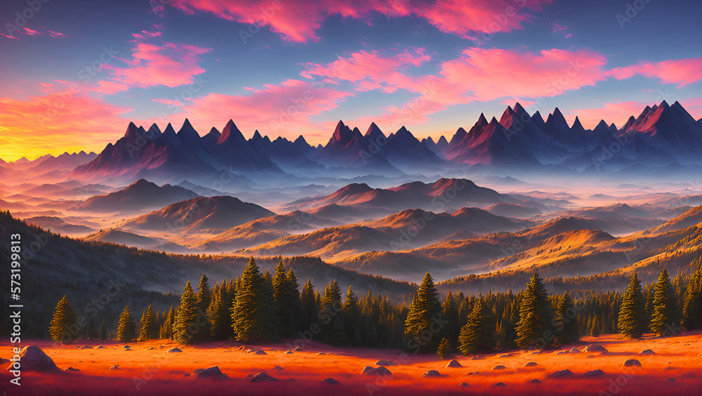 Beautiful mountains and a sunset landscape background with generative AI.