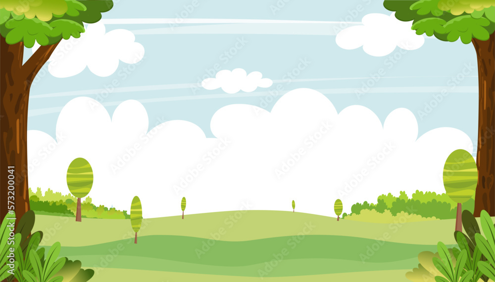 Spring landscape with blue sky and clouds,Panorama Green fields with copy space, fresh and peaceful rural nature in springtime with green grass land. Cartoon vector illustration Summer banner for kids Spring landscape with blue sky and clouds,Panorama Green fields with copy space, fresh and peaceful rural nature in springtime with green grass land. Cartoon vector illustration Summer banner for kids