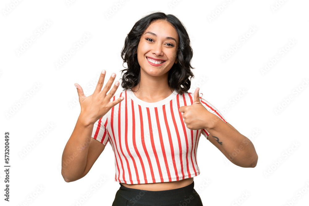 Young Argentinian woman over isolated background counting six with fingers Young Argentinian woman over isolated background counting six with fingers