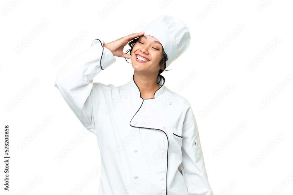 Young chef Argentinian woman over isolated background has realized something and intending the solution Young chef Argentinian woman over isolated background has realized something and intending the solution