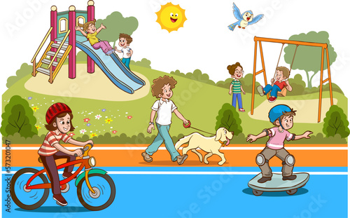 Vector illustration of happy kids playing in playground