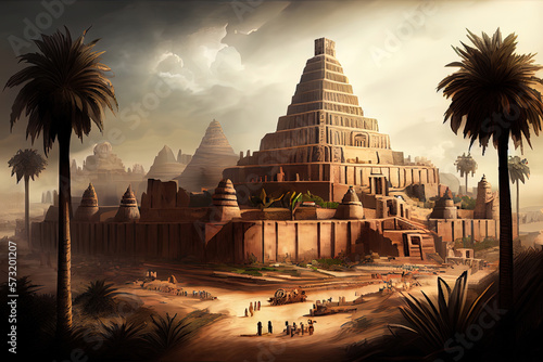 Ancient city of Babylon with the tower of Babel, bible and religion, new testament, speech in different languages,Illustration, Tower, Palm Tree. Generative AI technology photo