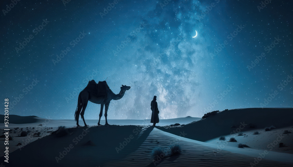 Fototapeta premium Person with camel in the desert at night, crescent moon on blue starry sky. Ramadan concept. AI generative