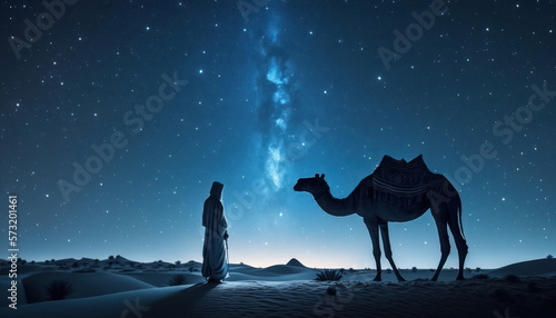 Person with camel in the desert at night  blue starry sky. AI generative