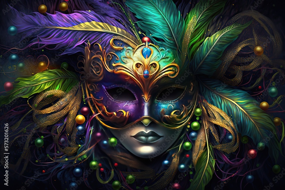 Fototapeta: Mardi Gras Mask Costume Traditional Carnival Design Background  Face, generative ai #573201626