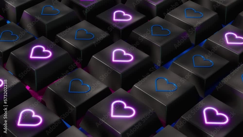 Keyboard keys with heart signs. Neon hearts vj loop background. 3d animation. Keyboard keys with heart signs. Neon hearts vj loop background. 3d animation.