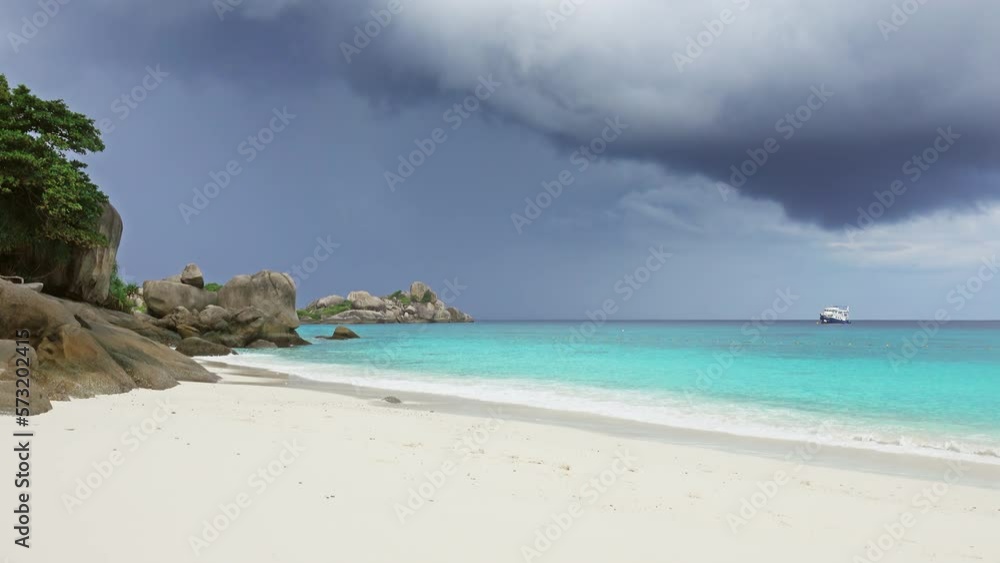 Landscape with white sand beach and storm sky on Similan islands, Thailand, 4k Landscape with white sand beach and storm sky on Similan islands, Thailand, 4k