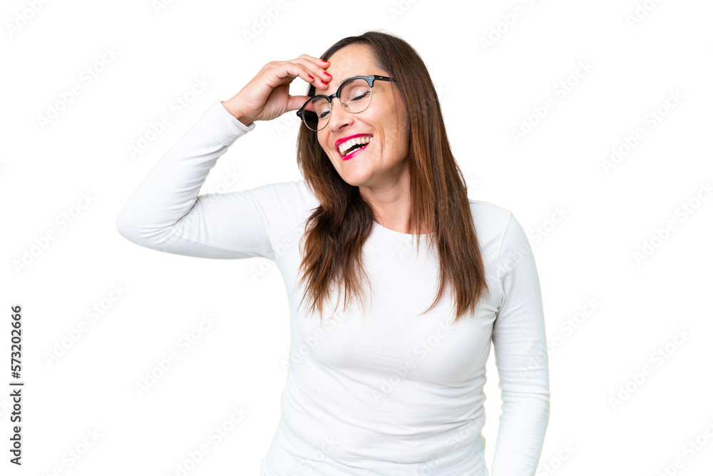Middle age woman over isolated chroma key background smiling a lot