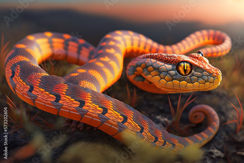 close up of an Orange Viper snake , Insularis Snake, trimeresurus albolabris, venomous snake, 