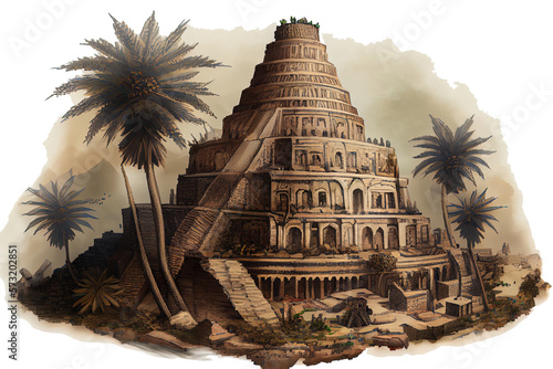 Ancient city of Babylon with the tower of Babel, bible and religion, new testament, speech in different languages,Illustration, Tower, Palm Tree. White background, Generative AI technology