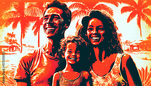 dusty retro risoprint style illustration of happy family on tropical island new quality creative travel stock image illustration design, Generative AI photo