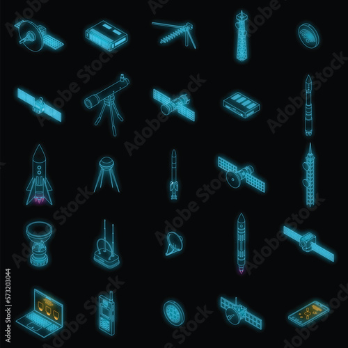 Satellite icons set. Isometric set of satellite vector icons neon color on black